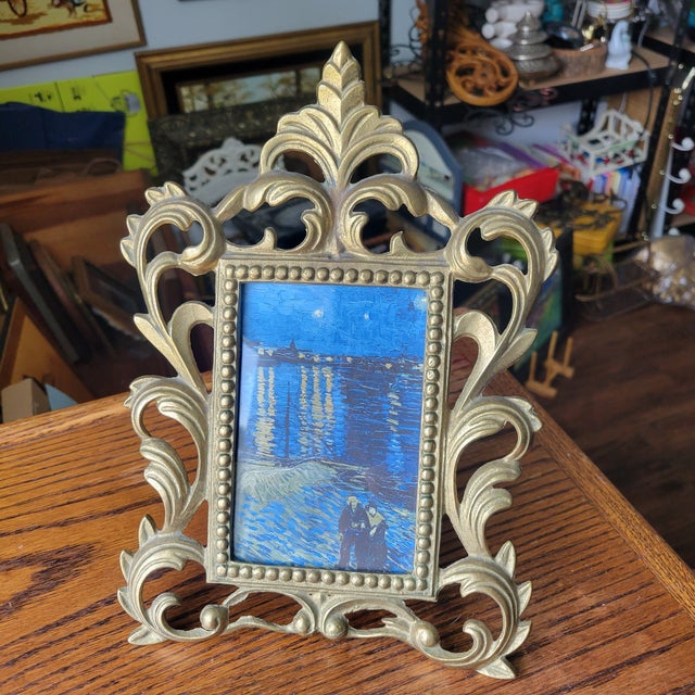 Art Nouveau Vintage Ornate Cast Brass Art Nouveau Picture Frame Holds 4 X 6 Picture For Sale - Image 3 of 13