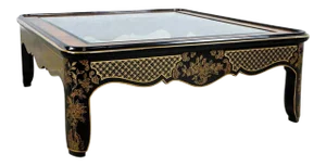 1980's Drexel Heritage Et Cetera Collection Chinoiserie Black & Gold Painted & Burl Coffee Table Glass Insert
