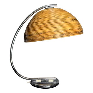 Vintage Italian Pencil Reed Rattan Bamboo and Chrome Arc Table Lamp, 1970s For Sale