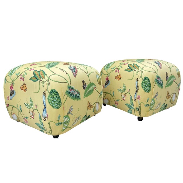 Hollywood Regency Vintage Newly Upholstered Ottomans in Thibaut “Lillian” Fabric – Coastal Palm Beach Style, Pair For Sale - Image 3 of 12