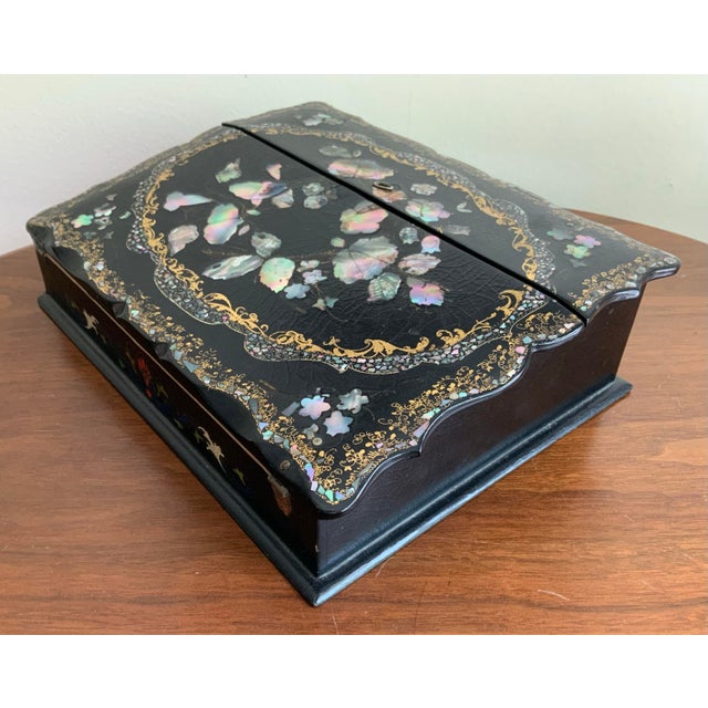 19th Century Antique Victorian Papier-Mâché & Mother of Pearl Lacquered Writing Slope, Lap Desk, Box. Original Velvet & Secret Compt. See Photos! For Sale - Image 4 of 11
