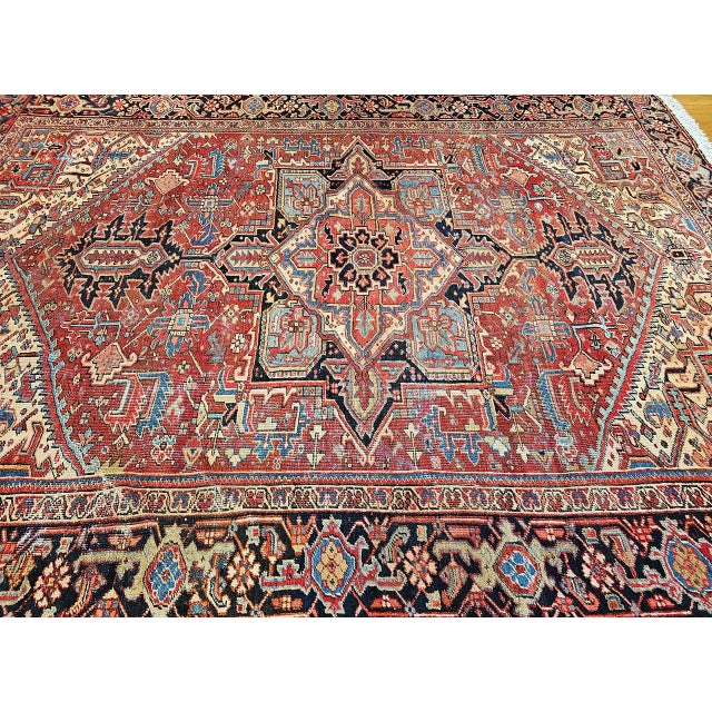 19th Century Heriz Serapi Rug, Hand-Knotted Wool, Geometric Pattern, Red & Green Vegetable Dyes, 9x12 For Sale - Image 13 of 13