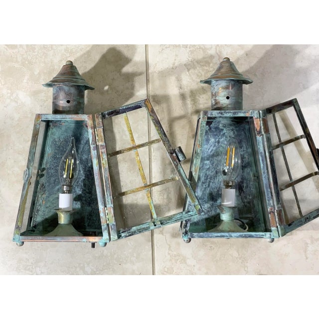 Funky Vintage Pair of Solid Patinated Brass and Copper Wall Lanterns For Sale - Image 9 of 16