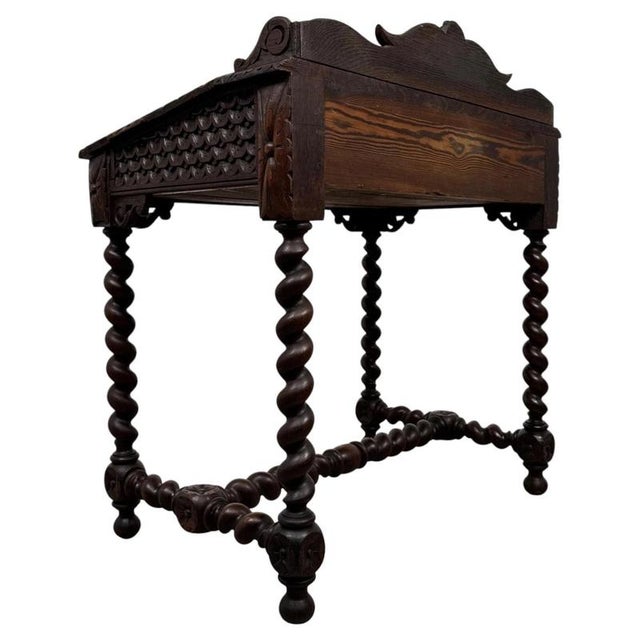 19th Antique Century English Victorian Carved Oak Writing Table with Leather Top For Sale - Image 9 of 11