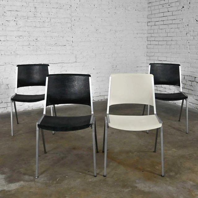 Vintage Mid Century Modern Aluminum Steelcase Stacking Chairs Model #1278 1 White 3 Black Set of 4 For Sale - Image 13 of 13