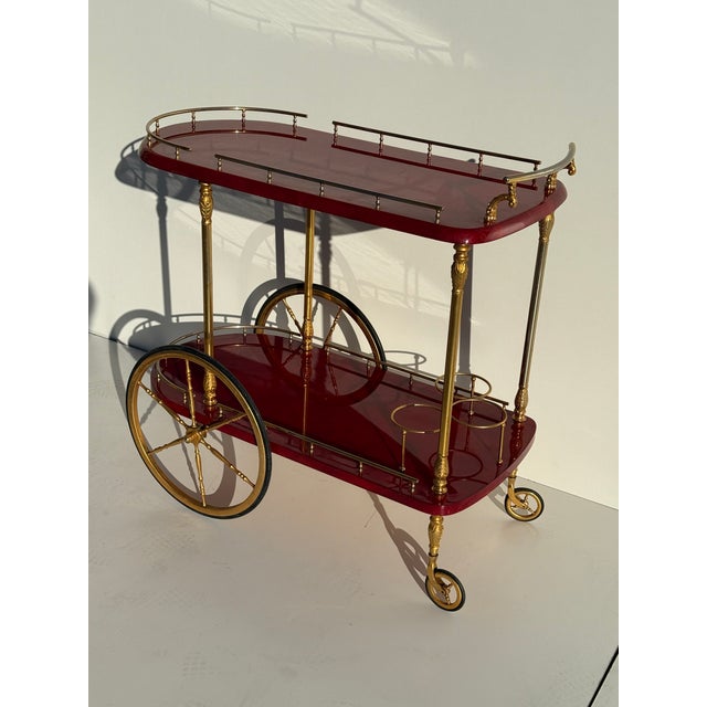 1970s Aldo Tura Red Parchment Bar Cart, Attributed For Sale - Image 9 of 12