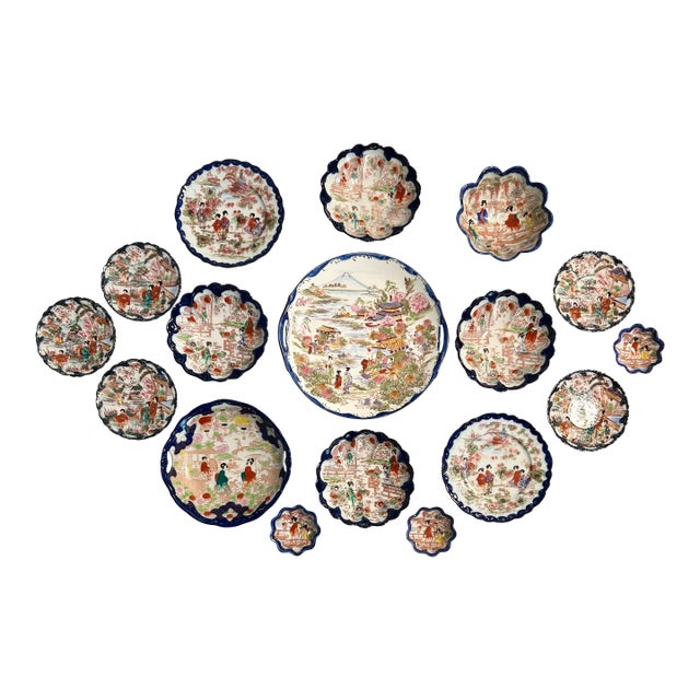 1920’s Antique Japanese Chinoiserie Hand Painted Traditional Geisha Girl & Pagoda Plates & Small Bowls - A 17 Piece Set For Sale
