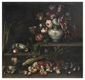 Angelo Maria Rossi, Still Life with Vase of Flowers, Game, Mushrooms and Vegetables, 1600s, Oil on Canvas, Framed