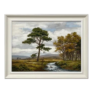 Impressionistic River Landscape Oil Painting of the Scottish Highlands by 20th Century Artist in a Modern Fresh Off-White Frame