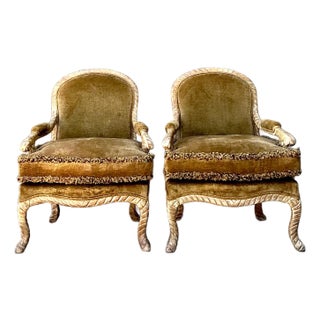 Vintage Velvet Fauteuil Chairs With Caterpillar Fringe For Sale