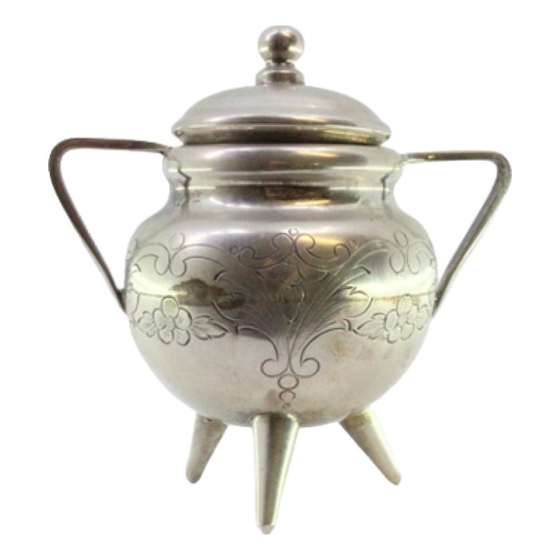 Tripod-Shaped Silver Sugar Bowl with Engravings and Lid with Spherical Knob For Sale