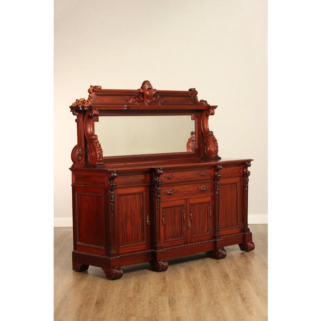High Quality Antique Mahogany Sideboard Server with Carved Grapevine Drawer Pulls and Acanthus Feet, Beveled Mirror...