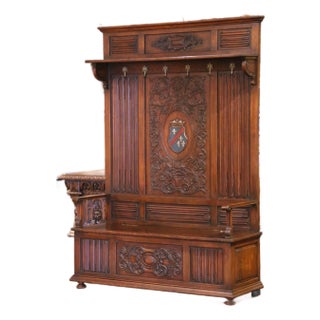 19th Century French Gothic Oak Hall Stand Bench Heraldic Crest and Linen Fold Panels For Sale