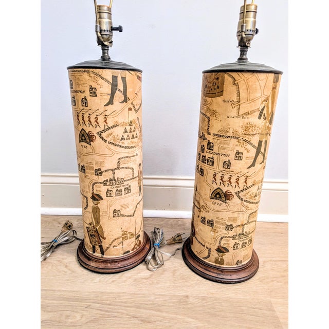 Mid 20th Century Mid 20th Century Americana Revolutionary War Decoupage Cylinder Lamps - A Pair For Sale - Image 5 of 11