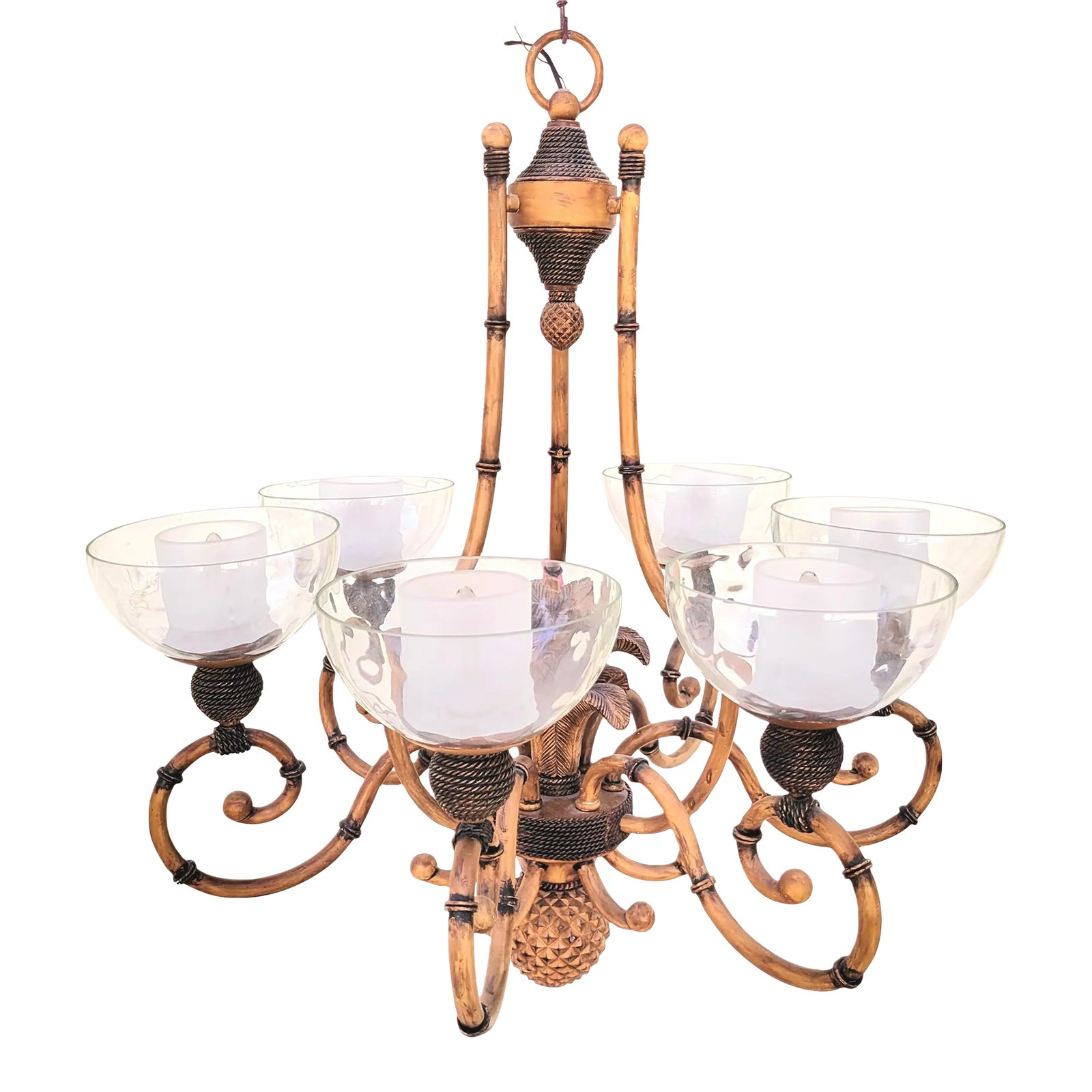 Vintage Huge Tan Faux Bamboo and Glass 6 Light Pineapple Regency