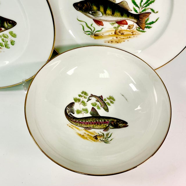 1960s Vintage Adirondack Rustic European Porcelain Fish Dinnerware - 9 Piece Set. For Sale - Image 9 of 17