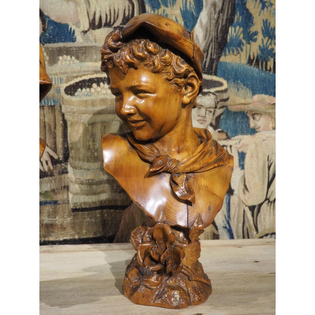 Pair of Antique French Carved Pine Busts of a Boy and a Girl, Circa 1900 For Sale - Image 4 of 18
