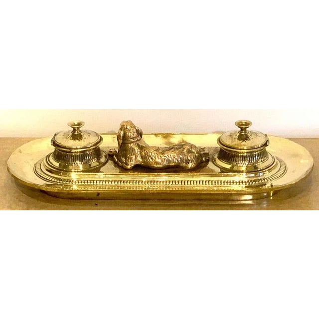Late 19th Century 19th Century English Brass Resting Dog Double Inkwell For Sale - Image 5 of 8