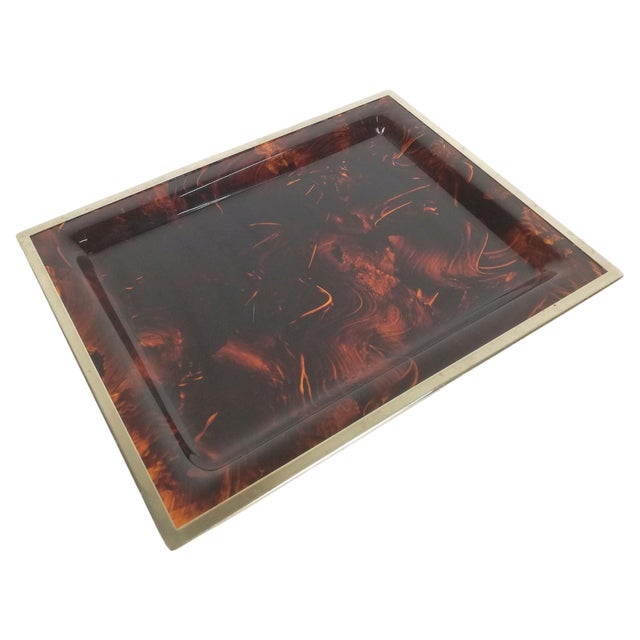 Vintage Serving Tray in Faux Tortoiseshell Acrylic Glass and Brass, Italy, 1970s For Sale