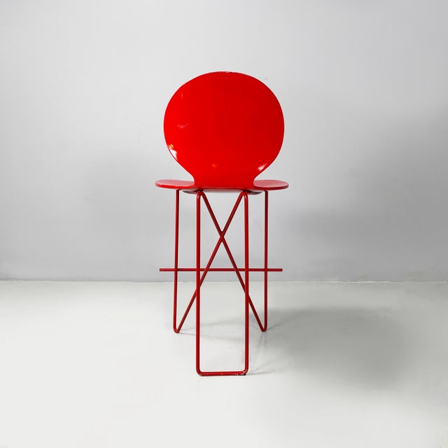Italian Modern Bar Stools in Wood and Red Metal, 1980s, Set of 3 For Sale - Image 6 of 18
