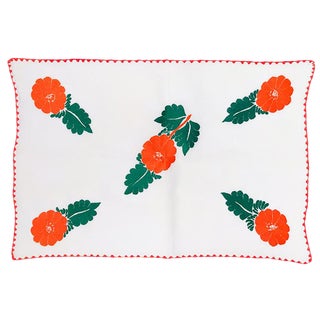 1950s Cottage Floral Hibiscus Hand-Stitched Crocheted Linen Tablecloth For Sale