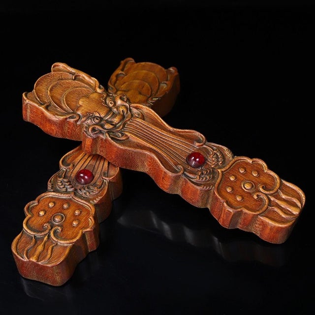 Chinese Pair of Vintage Chinese Huali Rosewood Paperweights | Carved Ruyi Beast Gemstone Inlay For Sale - Image 3 of 7