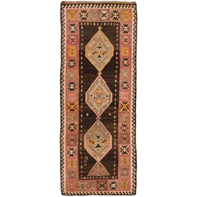 1960s Vintage Turkish Kilim Brown Handmade Tribal Wool Runner For Sale - Image 10 of 10