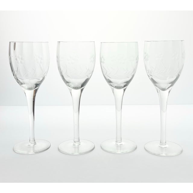 1940s Vintage 4 Etched Flower Optic Wine, Water or All Purpose Glasses 8” 8oz Good condition. No chips, cracks, or...