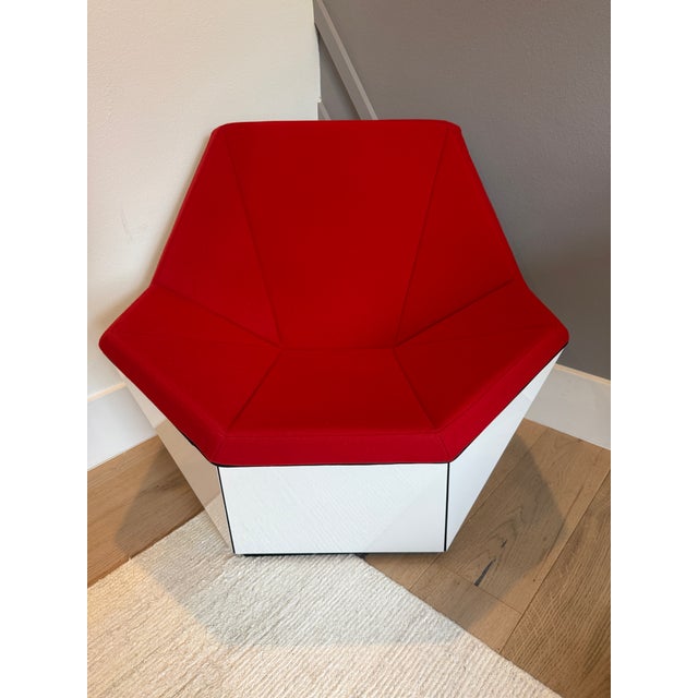 David Adjaye for Knoll “Washington Prism” Lounge Chair and Ottoman Red Wool Upholstery, White Gloss Lacquer Shell An...