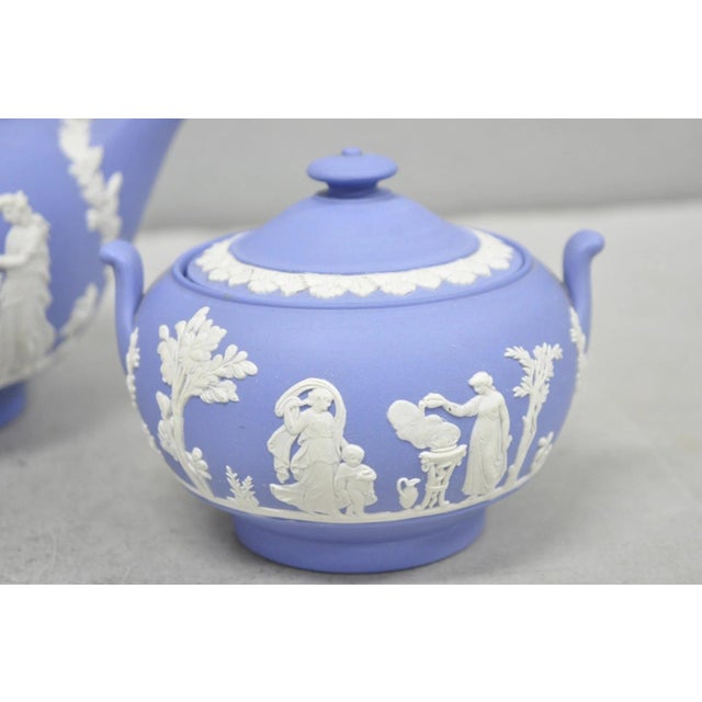 Wedgwood Antique Wedgwood Blue Jasperware Tea Set W/ Tea Pot Creamer Sugar Bowl 3 Pc Set For Sale - Image 4 of 15