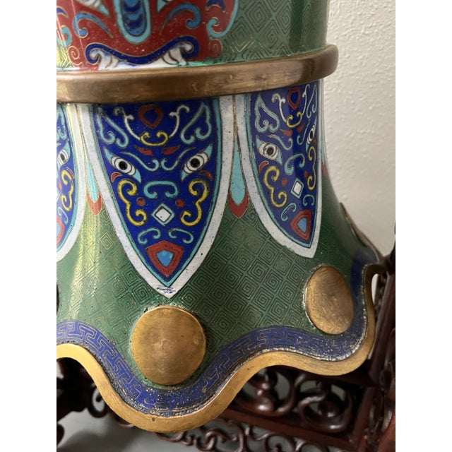 C 1900 Large Chinese Cloisonné Enamel Bell With Stand For Sale - Image 9 of 11