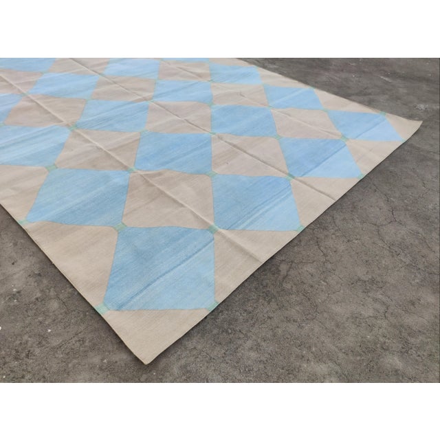 Handmade Cotton Area Rug Natural Vegetable Dyed Reversible Beige Blue Tile Pattern Rug - 9'x12' For Sale - Image 6 of 11