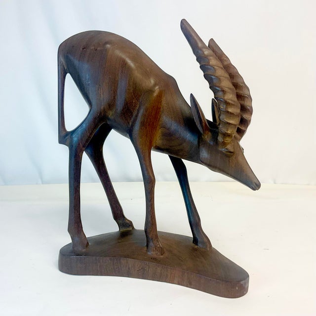 Rustic 1970s Vintage Arts & Crafts Rustic Hand-Carved Walnut Gazelle Statue. For Sale - Image 3 of 11