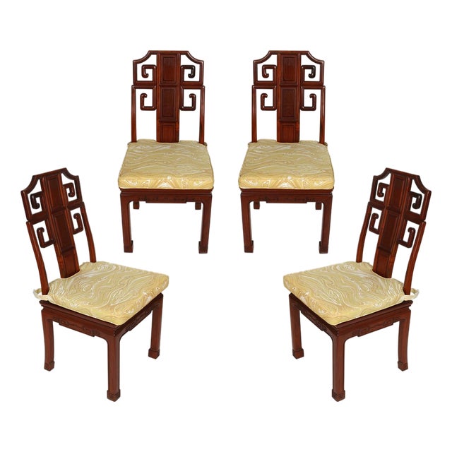 Set of Four Vintage Rosewood Side Chairs With Custom Ochre Marbled Meg Braff Designs Cushions For Sale