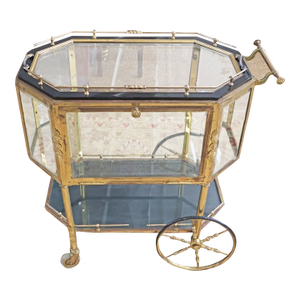 1940s Brass Hollywood Regency Beveled Glass Serving Cart Bar Cart