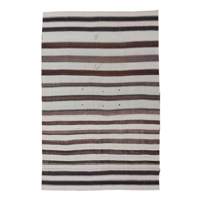 Vintage Turkish Kilim With Stripes in Ivory, Mocha, and Brown 10'2" X15'9" For Sale