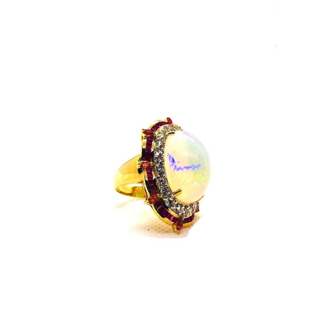 Art Deco Bochic “Orient” Vintage Art Deco Ruby & Fire Opal Ring Set In 18 K Gold & Silver For Sale - Image 3 of 12