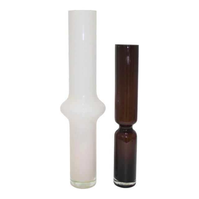 Mid-Century Modern Artisan Glass Vases White and Rootbeer Brown - a Set of 2 For Sale