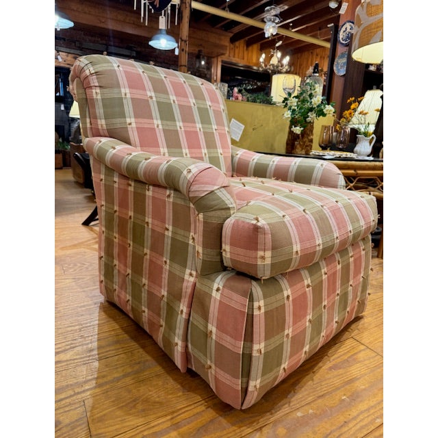 2000 - 2009 Pair of Pink and Green Plaid Upholstered Armchairs For Sale - Image 5 of 10