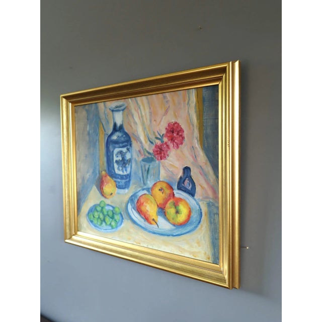 Mid 20th Century Mid-Century Modern 'Fruit & Vase on a Table' Original Swedish Vibrant Still Life Oil Painting, Framed For Sale - Image 5 of 11