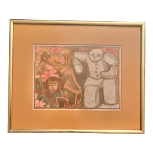 1970s "Winter Wearied Snowman" Surealist Figurative Ink Painting by Evelyn Marx, Framed