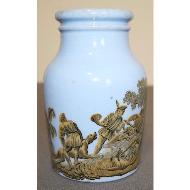 Late 19th Century Circa 1880 English Victorian Prattware Pottery Blue Transferware Boar Hunt Scene Motif Mustard Jar For Sale - Image 5 of 8