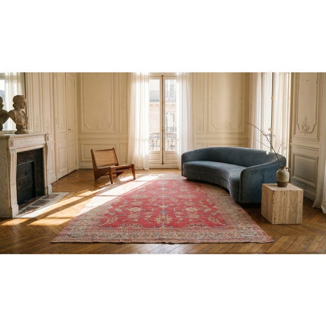 Raspberry Pink 1900s Pink Raspebery Geometric Antique Indian Agra Rug 4'6" X 7'9" Handknotted Cotton Carpet For Sale - Image 8 of 9