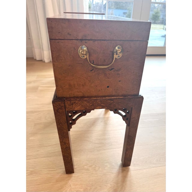 Pair of English Campaign Style Burl Wood Side Tables / Chests / Trunks on Stands – Anglo-Asian Influence, Chicago Merchandise Mart 1991 For Sale - Image 10 of 11