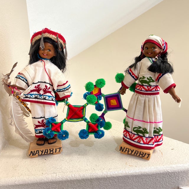 Vintage Native 2 Set Traditional Mexican Huichol Hand-Decorated Dolls -14 Inches For Sale - Image 9 of 11