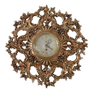 1960s Vintage Syroco Gold Resin 8-Day Windup Wall Clock -- Round For Sale