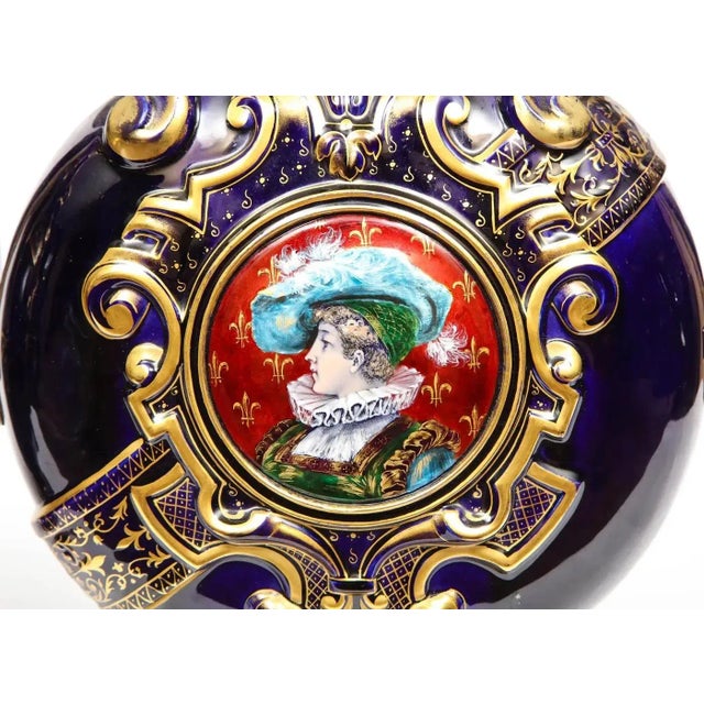 Emile Galle Pair of Late 19th Century Cobalt Blue Porcelain and Limoges Enamel Portrait Vases For Sale - Image 4 of 12