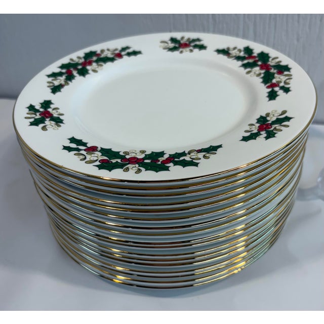 English Vintage English Tudor Rose Bone China “Festive Garlands” Dessert Plates- Set of 18 For Sale - Image 3 of 5