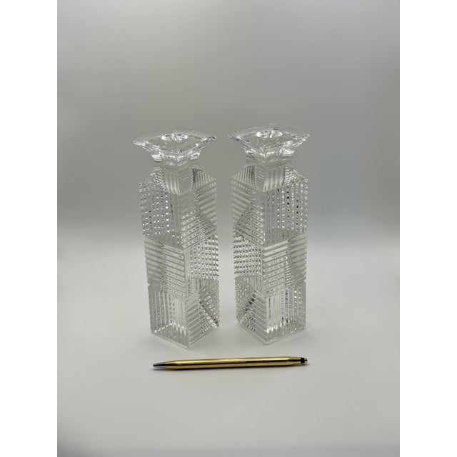 1990s Pair of Vintage Val Saint Lambert Belgian Crystal Candlesticks – Geometric Art Deco Style Clear Cut Crystal Candle Holders For Sale - Image 5 of 6