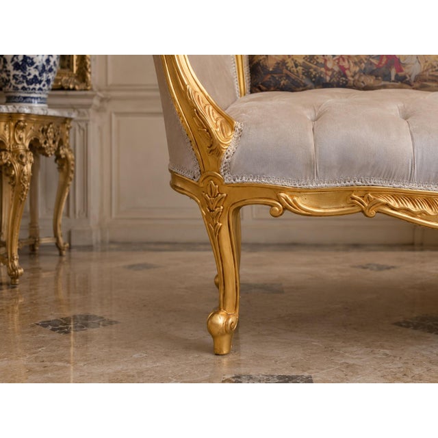 Late20C French Artisan LouisXVI Gold Beige Velvet Settee-1Pc For Sale - Image 11 of 15